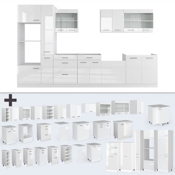 R-Line kök, 350 cm med högskåp, PT Marble, blank vit/vit, Vicco
