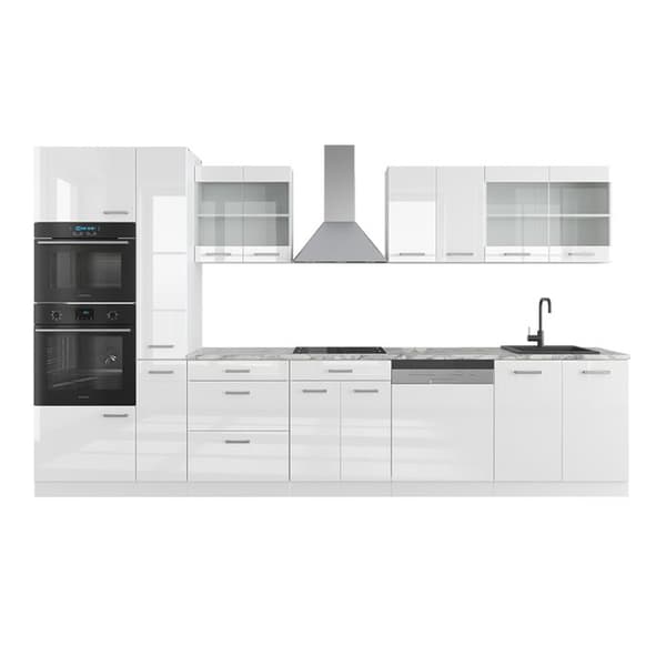 R-Line kök, 350 cm med högskåp, PT Marble, blank vit/vit, Vicco