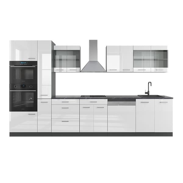 R-Line kök, 350 cm med högskåp, utan bänkskiva, blank vit/Antracit, Vicco