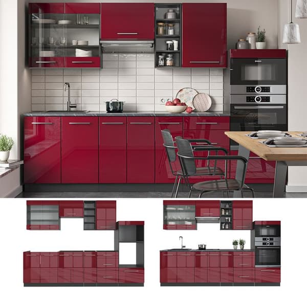 Fame-Line kök, 280 cm utan bänkskiva, Bordeaux högblank/antracit, Vicco