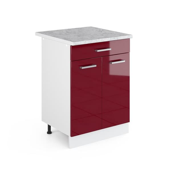 Köksmöbel R-Line, 60 cm med låda, PT Marmor, Bordeauxröd Högglans, Vit, Vicco