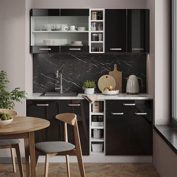 R-Line Kök, 160 cm, PT Marmor, Svart Högglans, Vicco