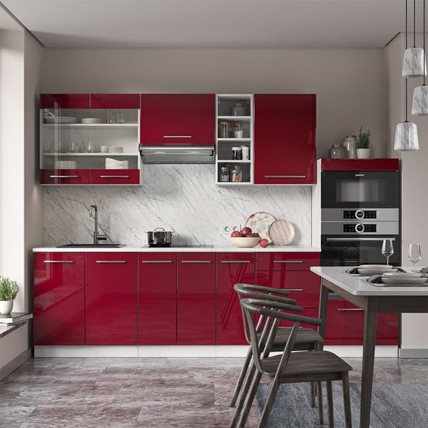 Fame-Line kök, 280 cm, PT antracit, Bordeaux högglans/vit, Vicco