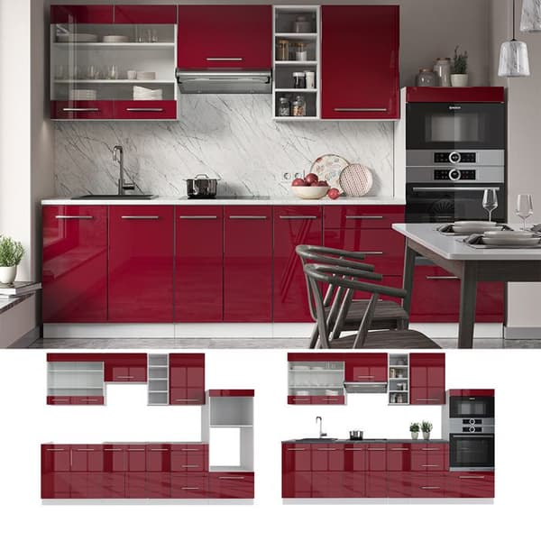 Fame-Line kök, 280 cm, PT antracit, Bordeaux högglans/vit, Vicco