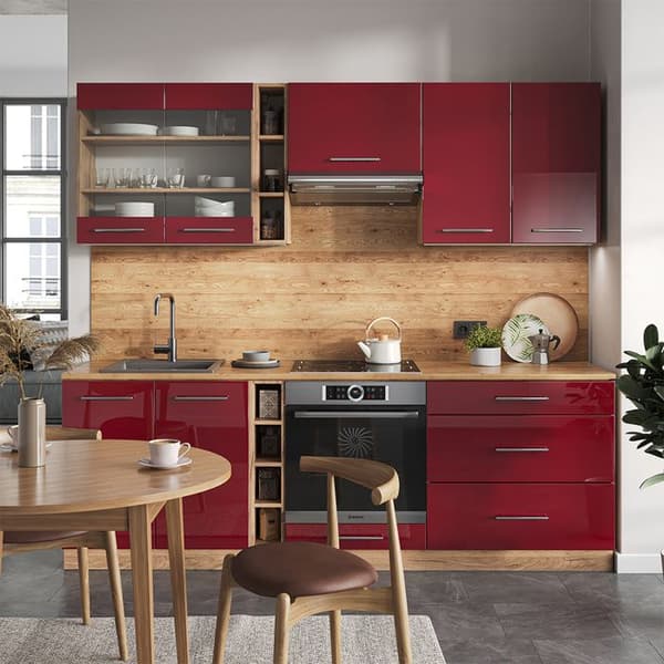 Fame-Line kök, 235 cm, PT Marble, Blank Bordeaux/Golden Oak, Vicco