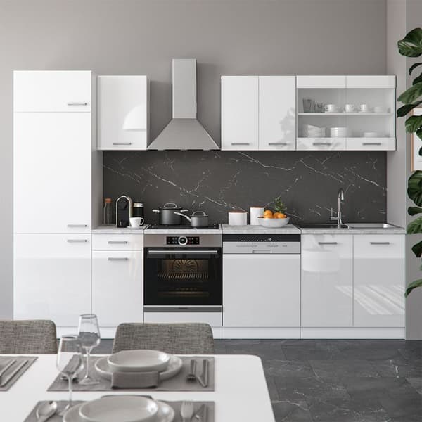 R-Line kök, 300 cm, PT Ek, blank vit/vit, Vicco