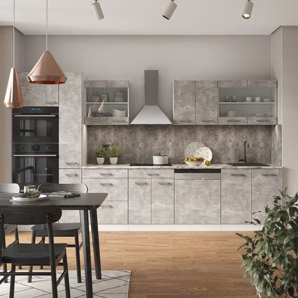 R-Line kökslinje, 350 cm med högskåp, PT Ek, Betong/vit, Vicco