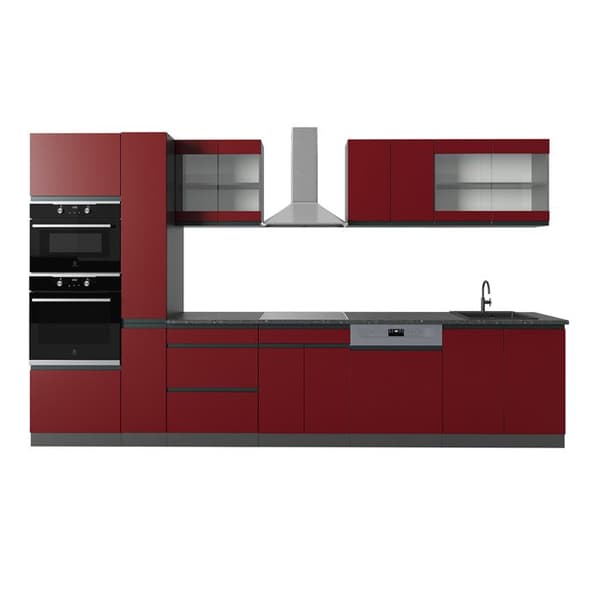 R-Line kök, 350 cm J-Shape, med högskåp, utan bänkskiva, Röd/Antracit, Vicco