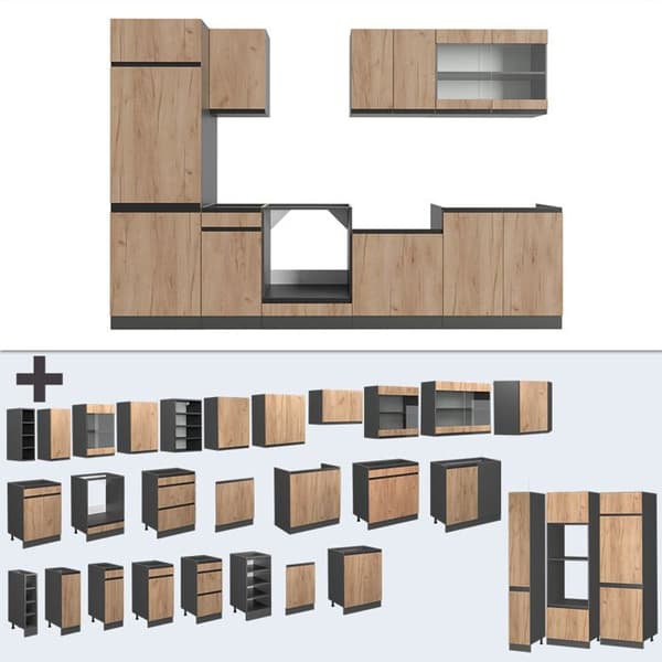 R-Line kök, 300 cm J-Shape, Gyllene ek/antracit, Vicco