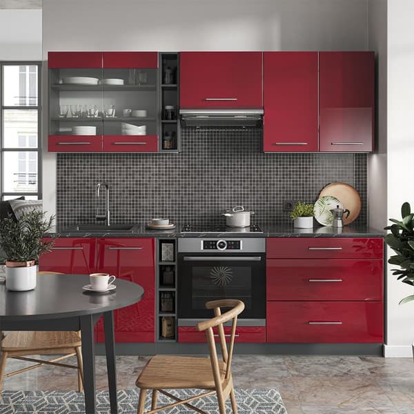 Fame-Line kök, 235 cm utan bänkskiva, Bordeaux högblank/antracit, Vicco