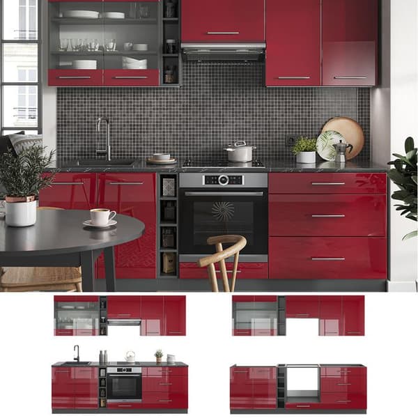 Fame-Line kök, 235 cm utan bänkskiva, Bordeaux högblank/antracit, Vicco