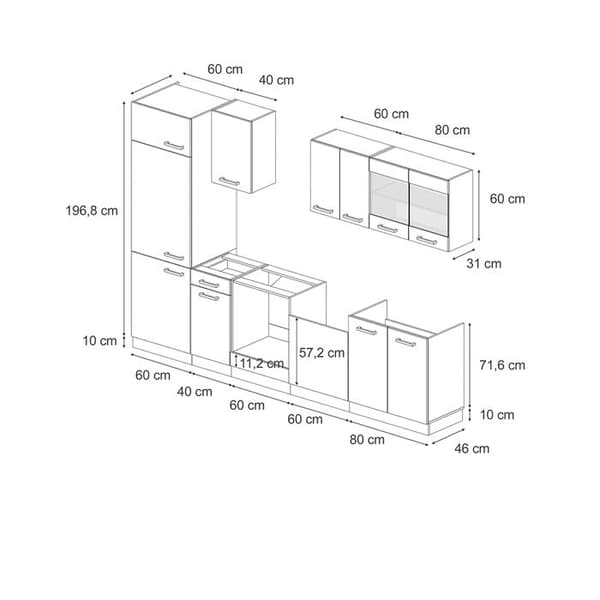R-Line kök, 300 cm utan bänkskiva, Blank svart/Antracit, Vicco
