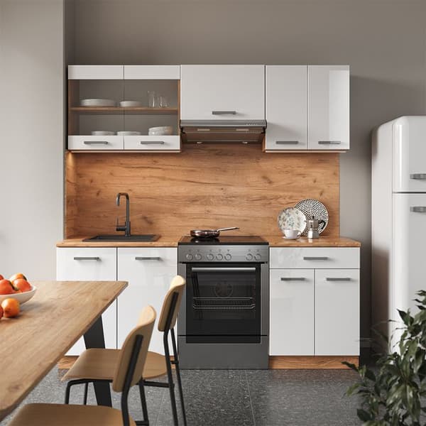 R-Line kök, 200 cm utan bänkskiva, Blank vit/Gyllene ek, Vicco