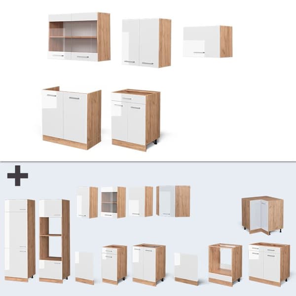 R-Line kök, 200 cm utan bänkskiva, Blank vit/Gyllene ek, Vicco