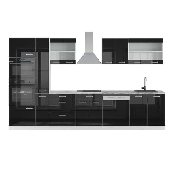 R-Line kök, 350 cm med högskåp, utan bänkskiva, Blank svart/Vit, Vicco