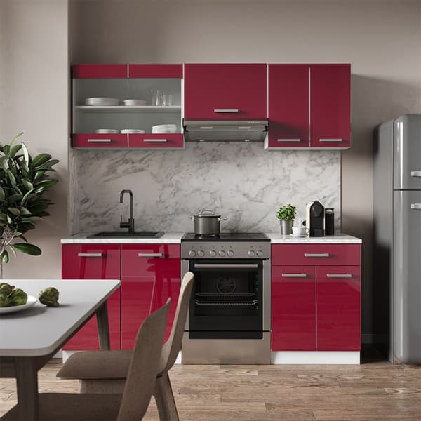 R-Line kök, 200 cm, PT Marble, Bordeaux högglans/vit, Vicco