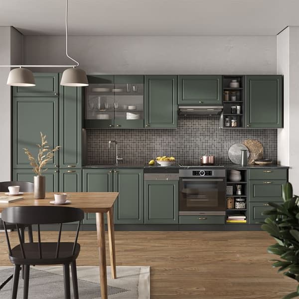 Fame-Line kök, 355 cm utan bänkskiva, Country green och guld/antracit, Vicco