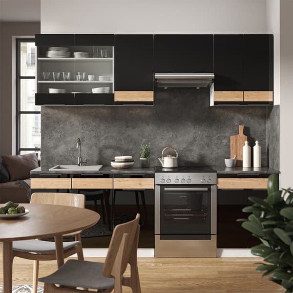 Fame-Line kök, 240 cm, PT Ek, Blank svart ek/vit, Vicco