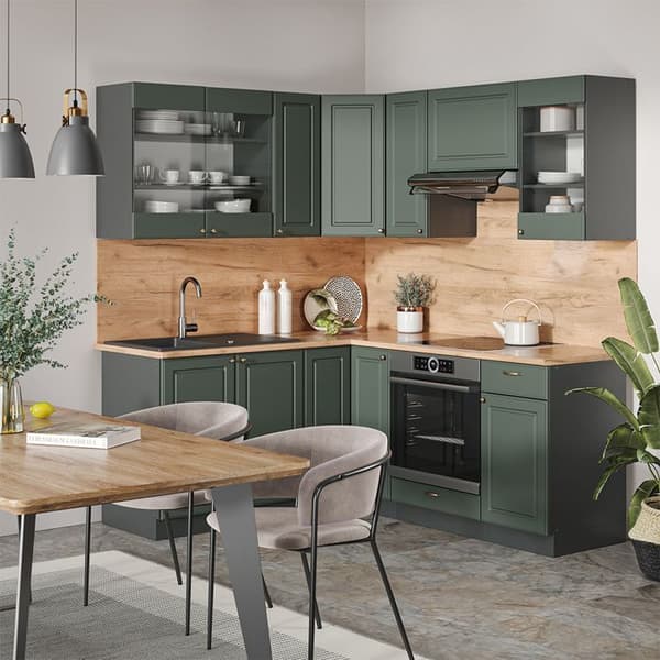 Fame-Line hörnkök, 160 x 60 cm utan bänkskiva, Country green och guld/antracit, Vicco