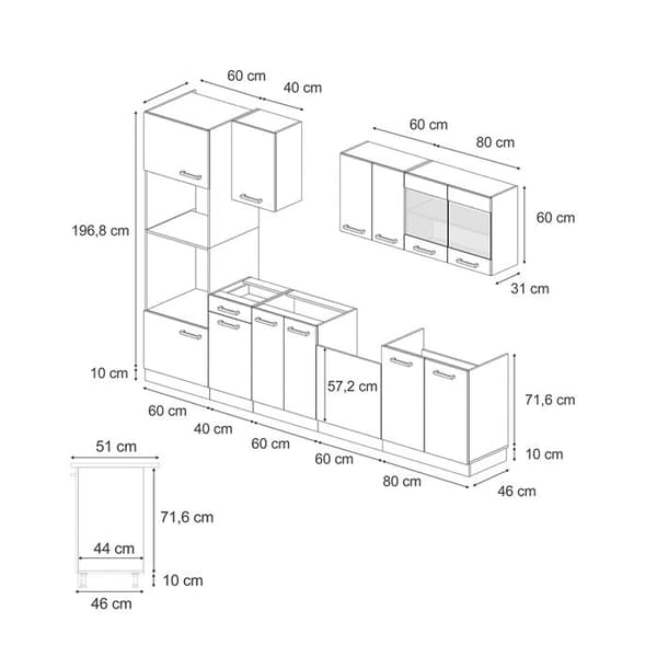 R-Line kök, 300 cm med högskåp, PT Marble, Svart Högglans, Vicco