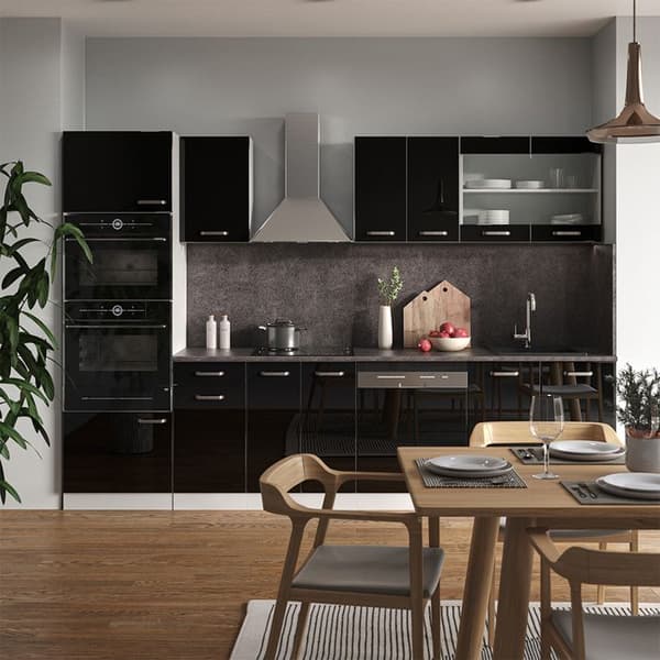 R-Line kök, 300 cm med högskåp, PT Marble, Svart Högglans, Vicco