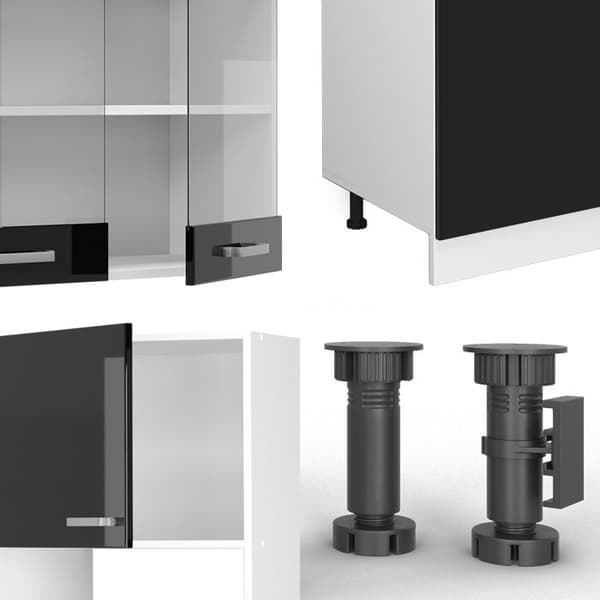 R-Line kök, 300 cm med högskåp, PT Marble, Svart Högglans, Vicco