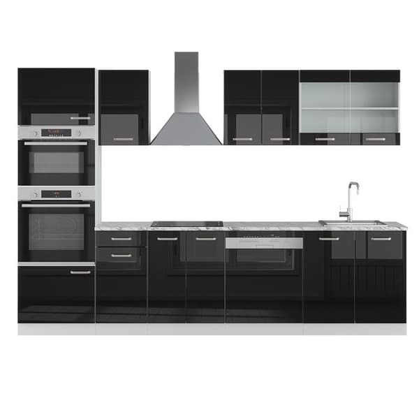 R-Line kök, 300 cm med högskåp, PT Marble, Svart Högglans, Vicco