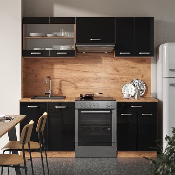 R-Line kök, 200 cm utan bänkskiva, Blank svart/Gyllene ek, Vicco