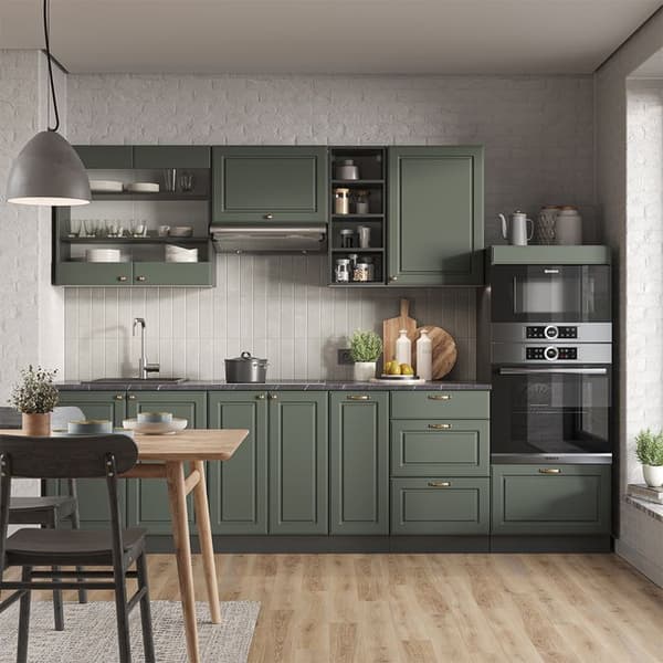 Fame-Line kök, 280 cm utan bänkskiva, Country green och guld/antracit, Vicco