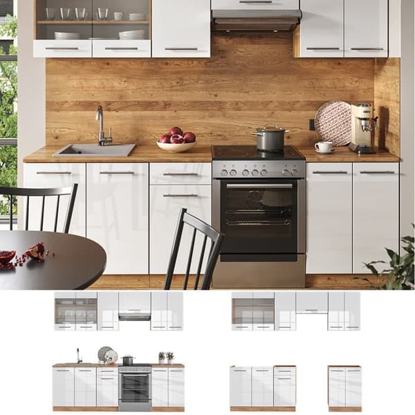Fame-Line kök, 240 cm, PT Ek, Blank vit/Gyllene ek, Vicco