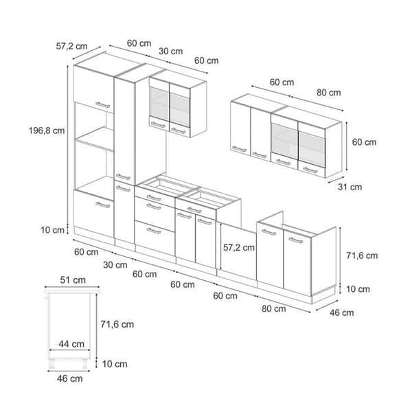 R-Line kök, 350 cm med högskåp, PT Marble, Blågrå/vit, Vicco
