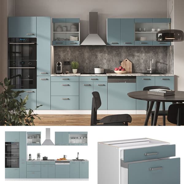 R-Line kök, 350 cm med högskåp, PT Marble, Blågrå/vit, Vicco