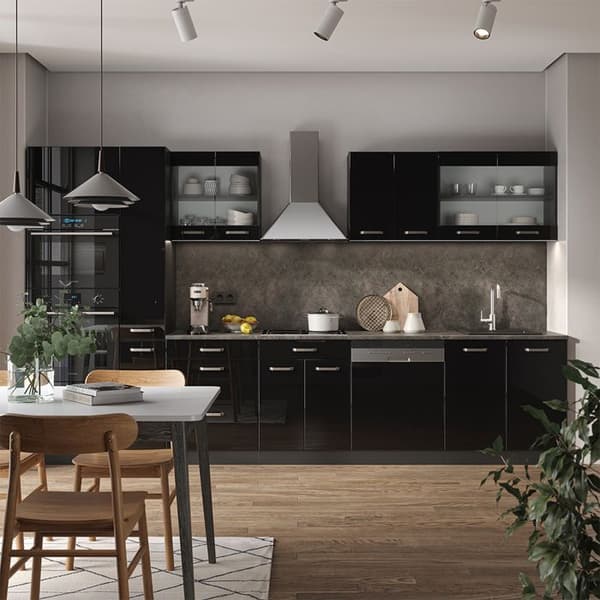 R-Line kök, 350 cm med högskåp, utan bänkskiva, Blank svart/Antracit, Vicco