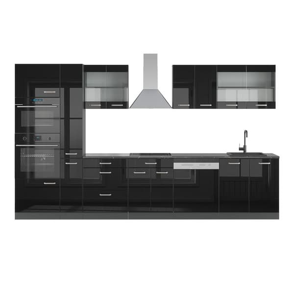 R-Line kök, 350 cm med högskåp, utan bänkskiva, Blank svart/Antracit, Vicco