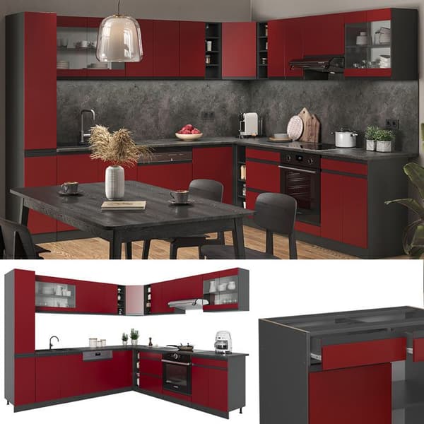 R-Line hörnkök, 257 x 60 cm J-Shape, Röd, Vicco