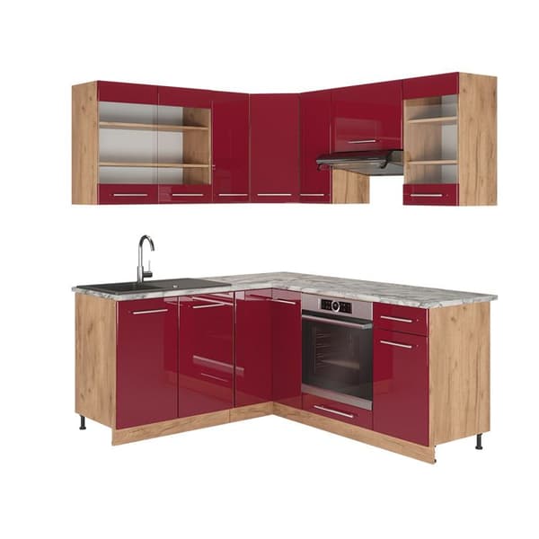 Fame-Line hörnkök, 160 x 190 cm, PT Marble, Blank Bordeaux/Golden Oak, Vicco