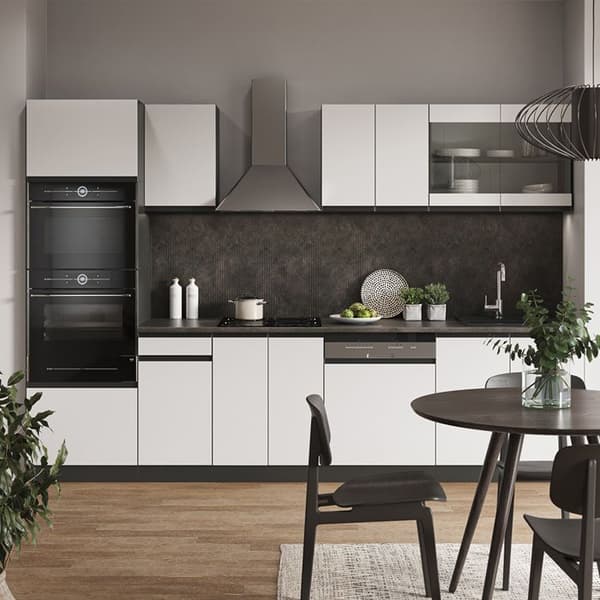 R-Line kök, 300 cm J-Shape, med högskåp, utan bänkskiva, vit/antracit, Vicco