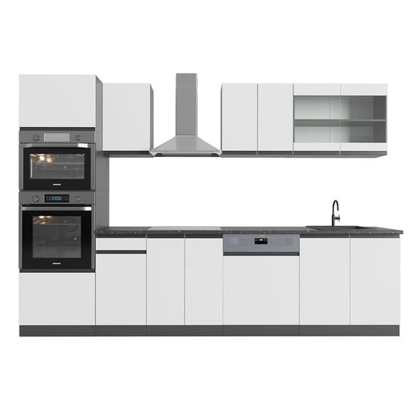 R-Line kök, 300 cm J-Shape, med högskåp, utan bänkskiva, vit/antracit, Vicco