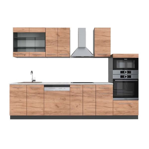 Fame-Line kök, 300 cm med högskåp, PT Marble, Guld ek/antracit, Vicco