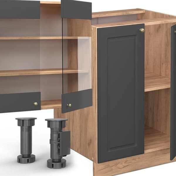 Fame-Line kök, 300 cm med högskåp, PT Marble, Country Antracit/Golden Oak, Vicco