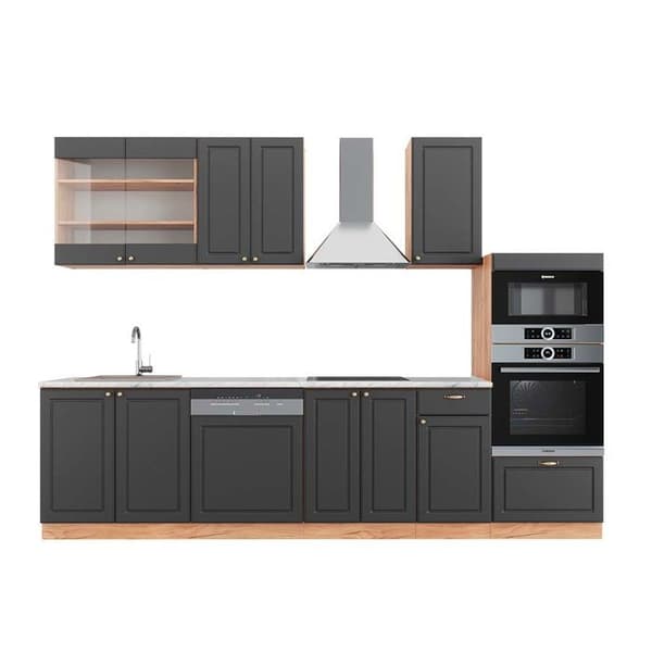 Fame-Line kök, 300 cm med högskåp, PT Marble, Country Antracit/Golden Oak, Vicco