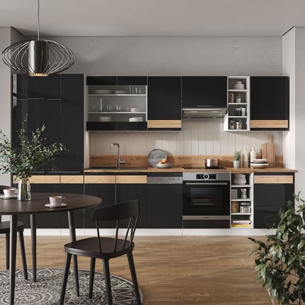 Vicco Fame-Line kök, Blank svart ek/vit, 355 cm