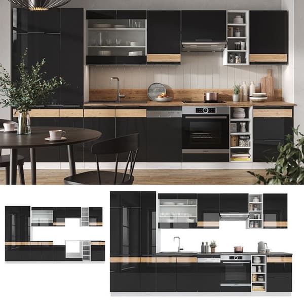 Vicco Fame-Line kök, Blank svart ek/vit, 355 cm