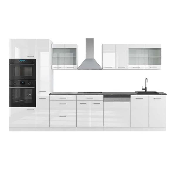 R-Line kök, 350 cm med högskåp, PT Antracit, blank vit/vit, Vicco
