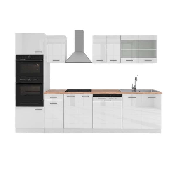 R-Line kök, 300 cm med högskåp, PT Ek, blank vit/vit, Vicco