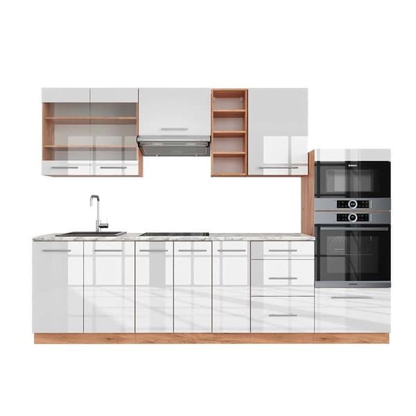 Fame-Line kök, 280 cm, PT Marble, Blank vit/Gyllene ek, Vicco