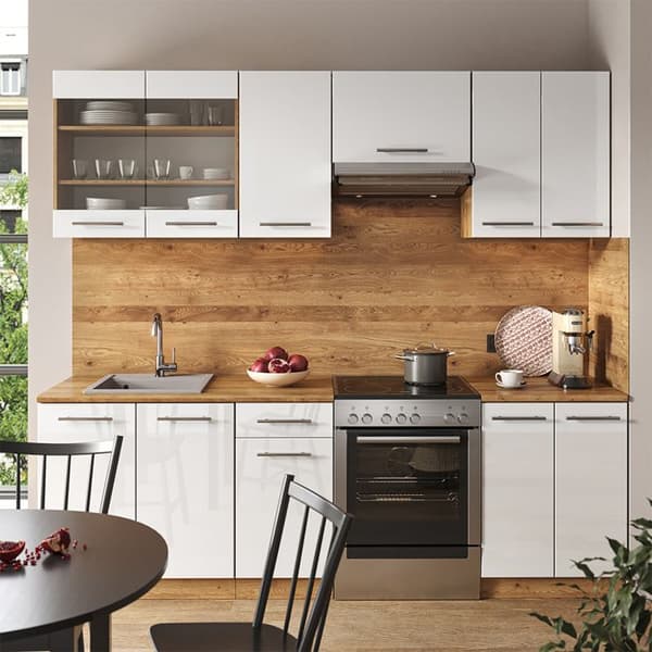 Fame-Line kök, 240 cm, PT Marble, Blank vit/Gyllene ek, Vicco