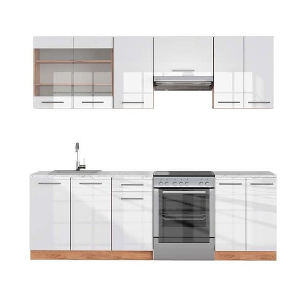 Fame-Line kök, 240 cm, PT Marble, Blank vit/Gyllene ek, Vicco
