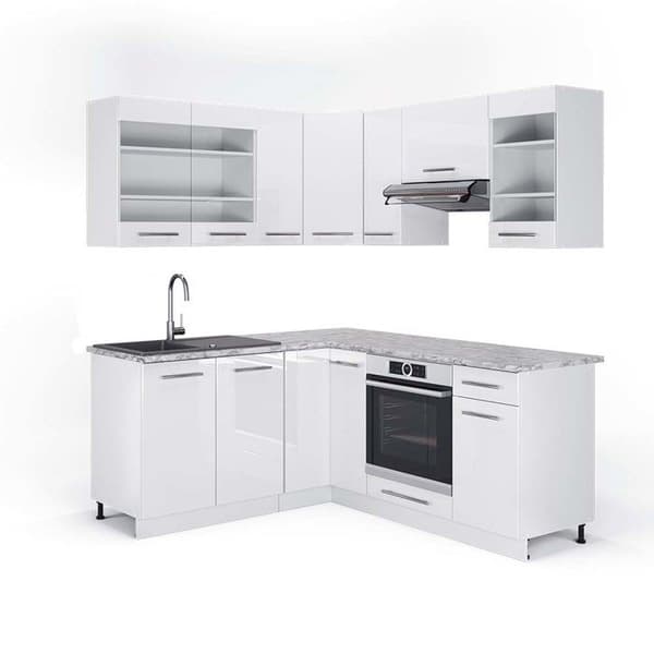 Fame-Line hörnkök, 160 x 190 cm, PT Marble, blank vit/vit, Vicco