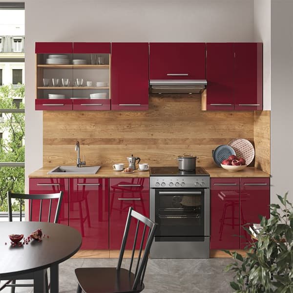 Fame-Line kök, 240 cm, PT Ek, Bordeaux blank/Gyllene ek, Vicco